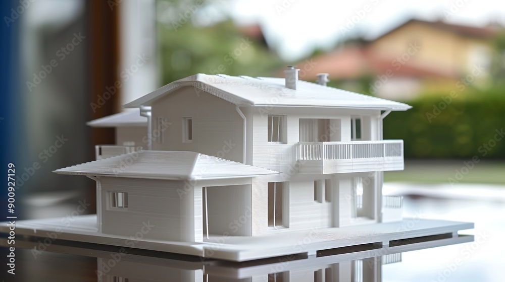 Poster Two floors model of the family house printed on a 3D printer with white filament by FDM technology for architectural use : Generative AI