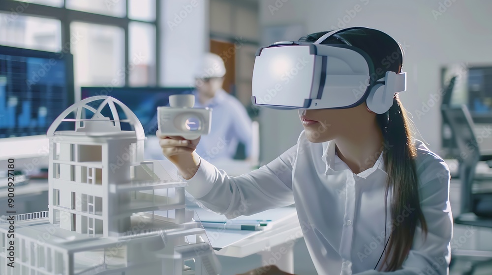 Aufkleber technology futuristic virtual reality design team architect or engineer designer wearing vr headset 