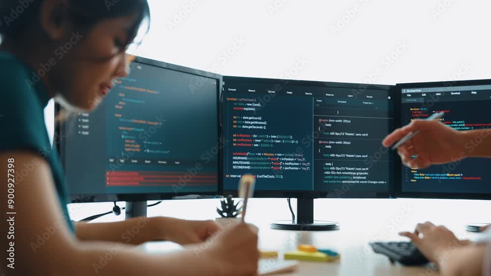 Wall mural slow motion back end software developer engineer for computer programming working together on debugg