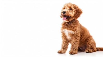 Cute red with white spots Labradoodle dog sitting up slightly side ways Looking beside camera with tongue out isolated on a white background : Generative AI