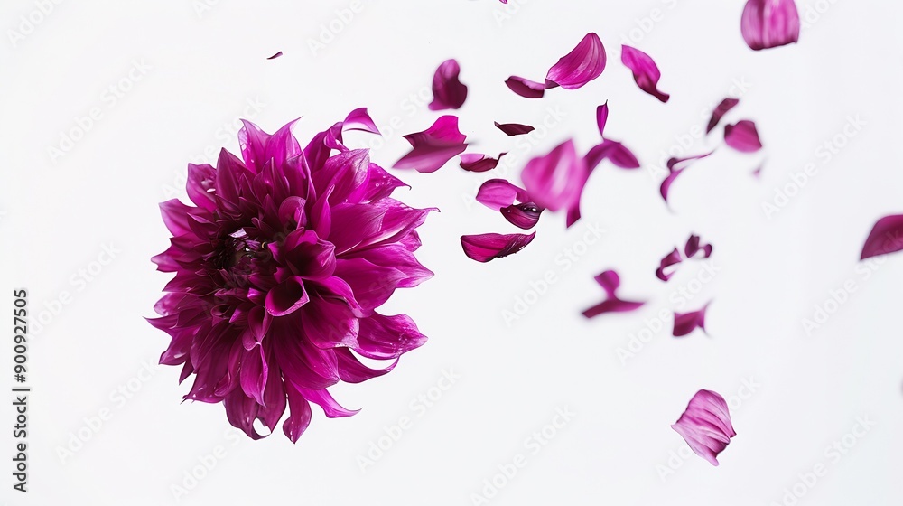 Poster beautiful fresh purple dahlia flower falling in the air isolated on white background levitation or z