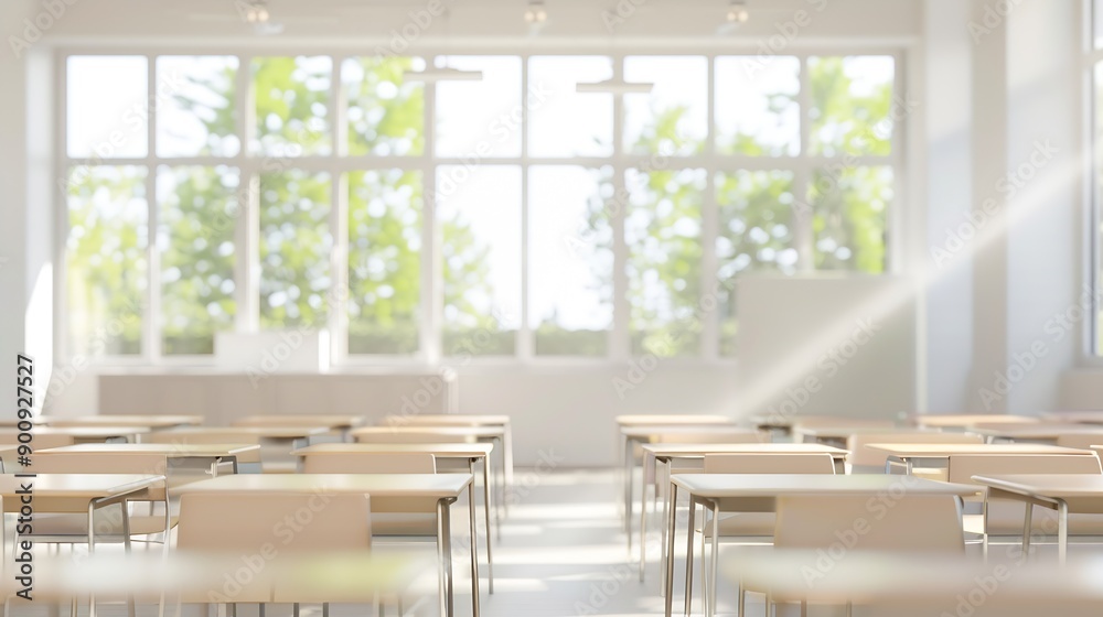 Wall mural beautiful blurred background of bright classroom and study room with panoramic windows and beautiful