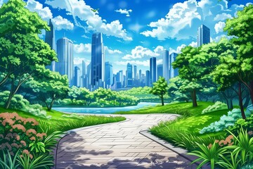Vibrant City Park with Lush Greenery and Towering Skyscrapers in Background in Anime Style