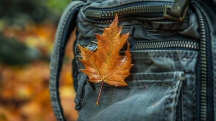 Autumn leaf in travel backpack zipper. Travel backpack background