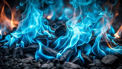 Blue Flames Burning on Charcoal.