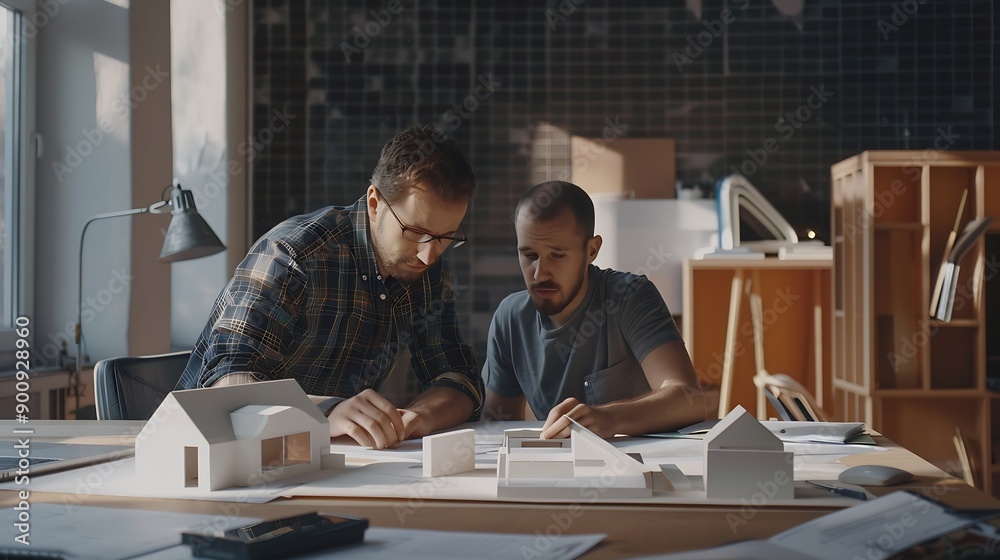 Aufkleber two architects and engineers are in a meeting to discuss house designs according to building and con