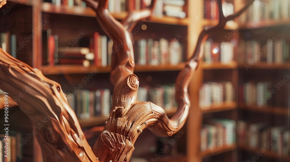 Poster Wooden tree with books on blur background of library with bookshelf Flawless : Generative AI