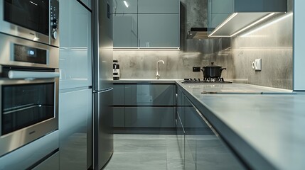 Beautiful Grey Modern Kitchen in a Luxury Apartment with Stainless Steel Appliances : Generative AI