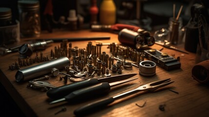 Naklejka premium Tools and Hardware on a Workshop Table