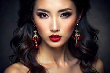 Fototapeta premium Beautiful Asian Woman with Red Lips and Long Black Hair.