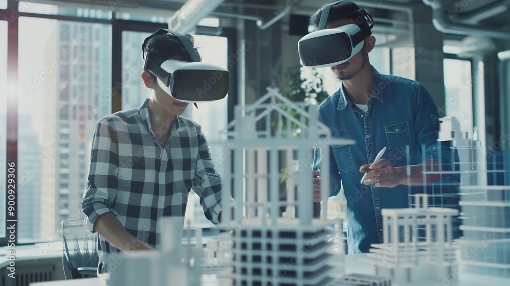 Aufkleber technology futuristic virtual reality design team architect or engineer designer wearing vr headset 