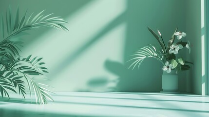 Abstract gradient green studio background for product presentation Empty room with shadows of window and flowers and palm leaves  3d room with copy space Summer concert Blurred backdro : Generative AI