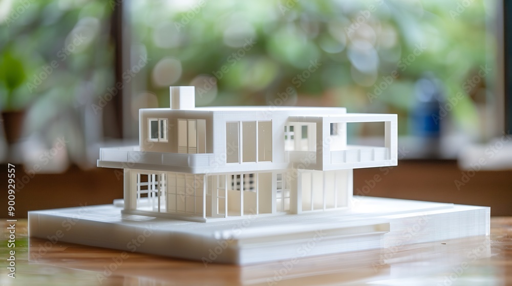 Poster Model of the house printed on a 3D printer with white filament by FDM technology for architectural use : Generative AI