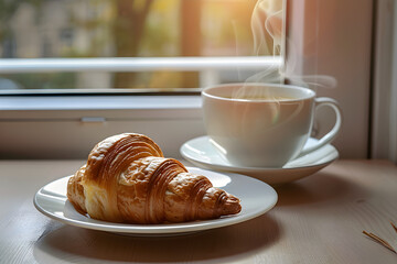 Cup of coffee and croissant on table in morning sunlight