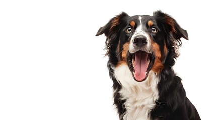 Black Tricolor Australian Shepherd panting mouth open and looking at the camera isolated on white : Generative AI