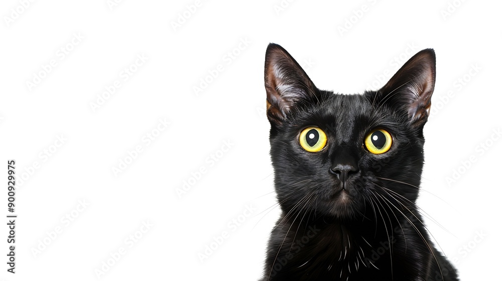 Poster a black cat with yellow eyes is sitting on a white background the cats eyes are wide open giving it 