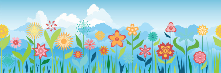 Geometric drawing of grass and flowers, summer meadow, vector illustration