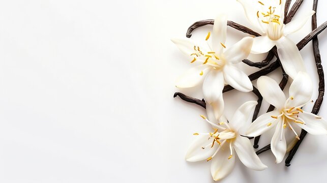 Aromatic vanilla flowers on white background : Generative AI