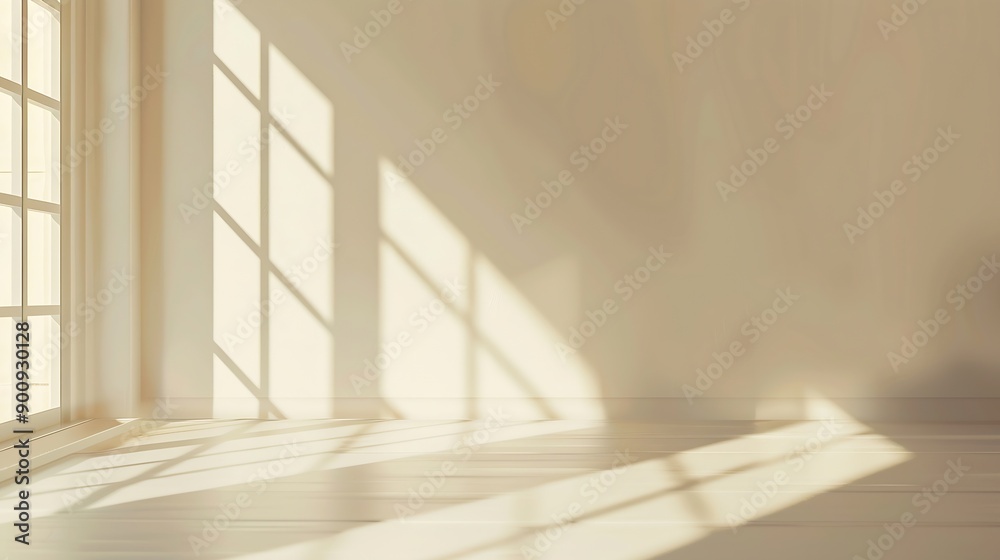 Poster beige studio background for product presentation shadow of window and sunlight on empty room white w