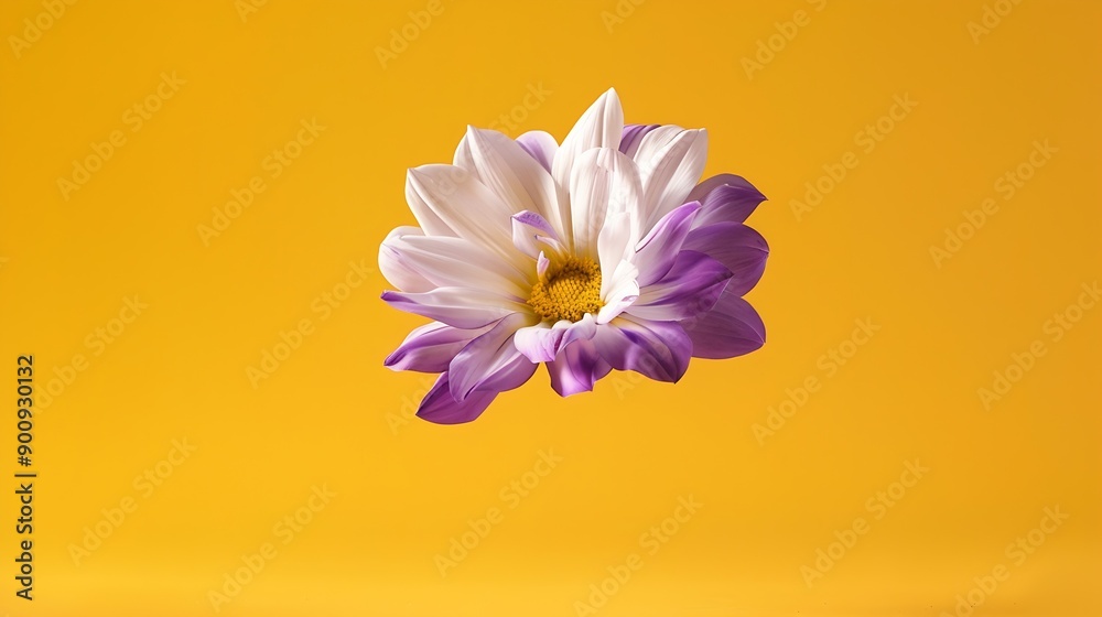 Poster beautiful fresh white and purple dahlia flower falling in the air isolated on yellow background levi
