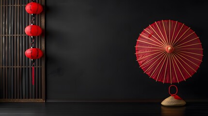 Lanternes chinoises, ombrelle japonaise rouge sur fond panoramique noir, bannière web ou header asiatique zen. 