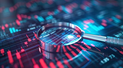 A magnifying glass is on top of a graph with many lines and numbers
