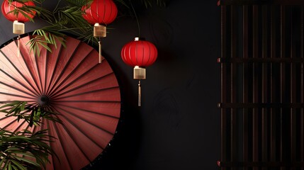 Lanternes chinoises, ombrelle japonaise rouge sur fond panoramique noir, bannière web ou header asiatique zen. 