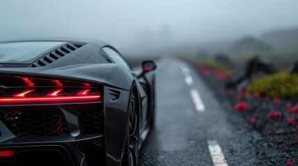 A sleek black sports car parked on a misty road surrounded by vibrant flowers, showcasing luxury and adventure in nature.