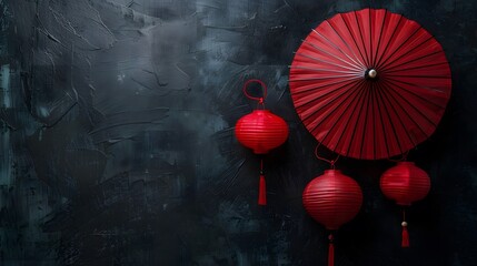 Lanternes chinoises, ombrelle japonaise rouge sur fond panoramique noir, bannière web ou header asiatique zen. 