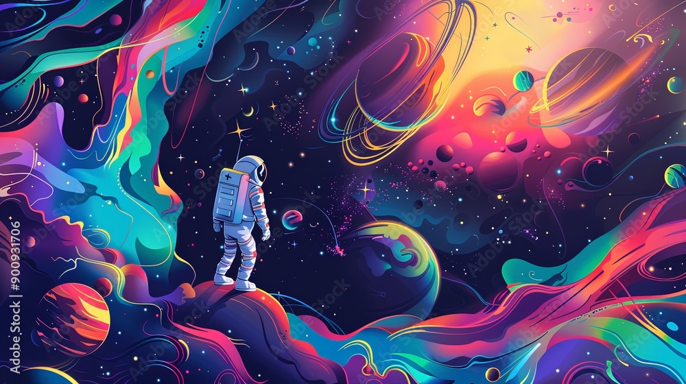 Wall mural a colorful space scene with a man in a spacesuit standing on a rocky surface