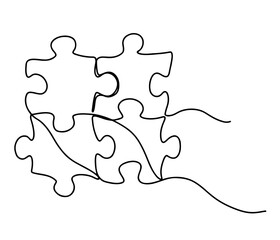 continuous single line drawing of jigsaw puzzle pieces isolated on transparent background. vector illustration