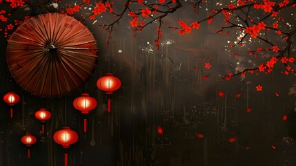 Lanternes chinoises, ombrelle japonaise rouge sur fond panoramique noir, bannière web ou header asiatique zen. 