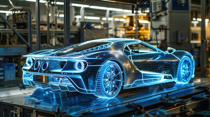 Obraz premium A blue, wireframe model of a sports car is showcased in a factory setting. The car is illuminated from below, highlighting its intricate design. copy space.