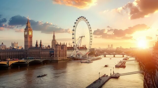 Majestic London Cityscape: Aerial View of London Eye, River Thames, and Big Ben with Vibrant Urban Landmarks in the UK, Generative Ai