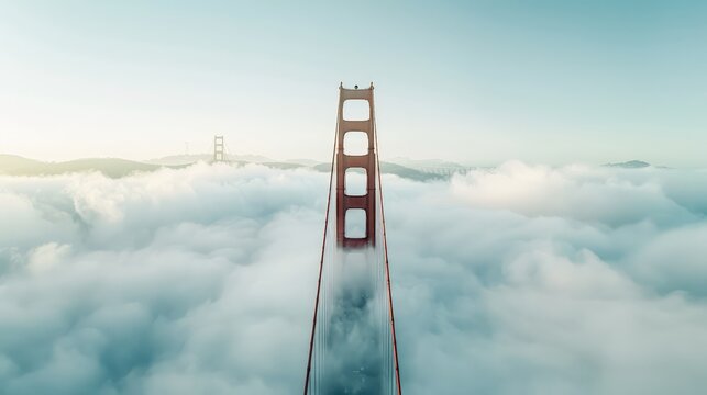 Mystical Fog Over Golden Gate Bridge - Aerial Drone View of San Francisco Icon in Atmospheric Scene, Generative Ai