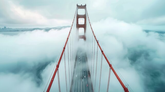 Ethereal Fog Blanketing the Golden Gate Bridge in San Francisco's Iconic Aerial View, Generative Ai