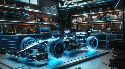 A holographic rendering of a race car is displayed on the floor of a modern garage workshop. The car appears to be suspended in mid-air, surrounded by blue light. copy space.