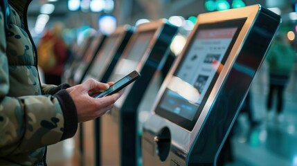 A person uses a smartphone at a modern airport electronic self-service kiosk, showcasing ease of technology integration in travel and self-service systems.