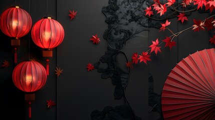 Lanternes chinoises, ombrelle japonaise rouge sur fond panoramique noir, bannière web ou header asiatique zen. 