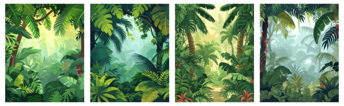 Tropical rainforest vertical posters set. Palm leaves exotic plants. Trees and vines in the foreground. Nature protection ecology and tavel concept design. Flat cartoon style vector collection
