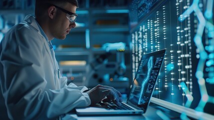 Doctor using laptop with genome sequencing data, medical science, genetic diagnostics. copy space for text.