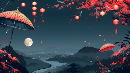 Lanternes chinoises, ombrelle japonaise rouge sur fond panoramique noir, bannière web ou header asiatique zen. 