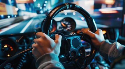 Gamer playing pc game with racing wheel controller. Race simulator with steering wheel. copy space for text.