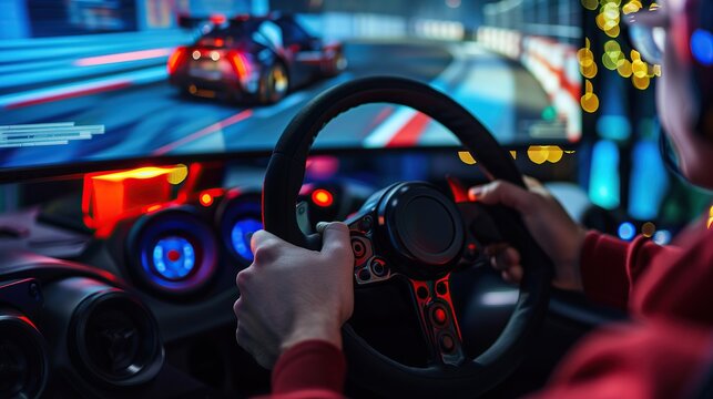 Gamer playing pc game with racing wheel controller. Race simulator with steering wheel. copy space for text.