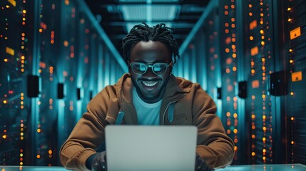 Laptop, server room and black man on network for maintenance, programming software or typing. Tech, data center and happy engineer on system database.