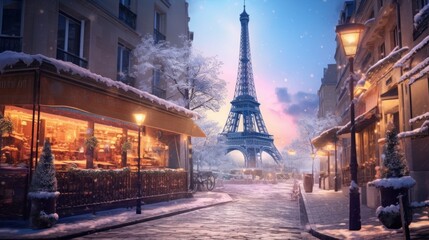 Snowy Parisian Street with Eiffel Tower