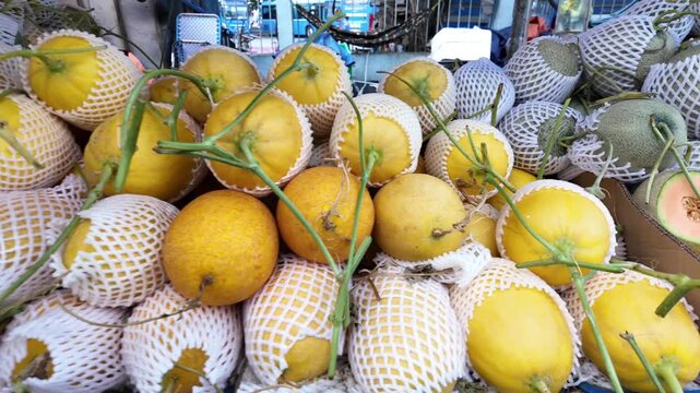 Cantaloupe or dua luoi, Vietnamese tropical agiculture product on cart for sale at outdoor fruits market, Cho Lon, Ho chi Minh city, Vietnam