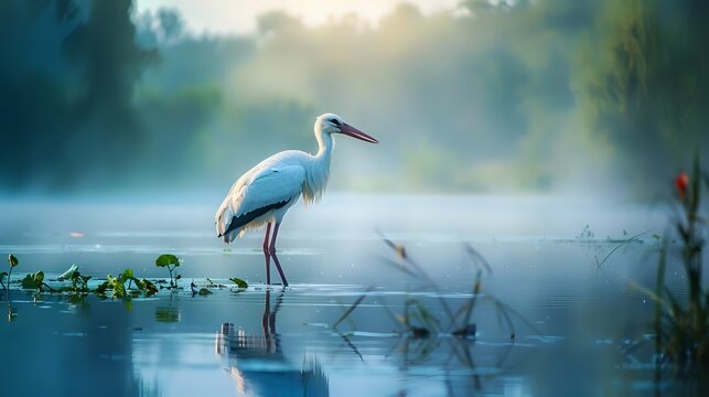 White Stork in Misty Morning Tranquility