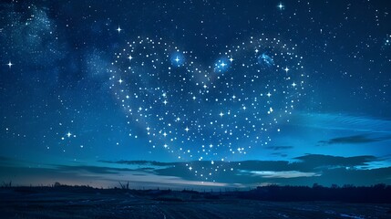 Naklejka premium Bright stars in a night sky arranged in the shape of a heart, romantic magic night, love and Valentines day card. 