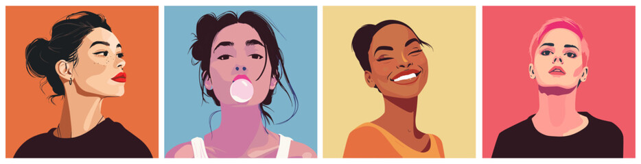 Young beautiful woman portraits square posters set. Different hairstyles and skin color. Cheeky funny modern teenager girls. Youth generation. Minimalism cartoon vector style